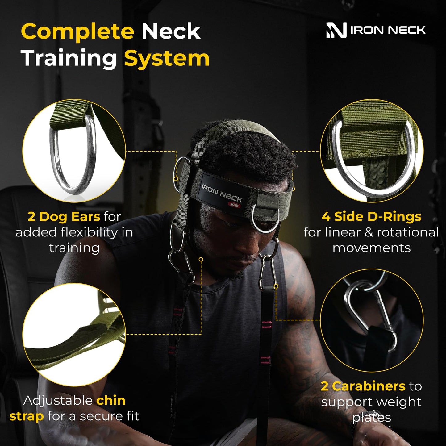 Iron Neck Harness Alpha, Versatile Neck Exerciser, Strengthener and Trainer with Adjustable Head and Chin Strap, Portable Head Harness for Weight Lifting, Home and Gym Use