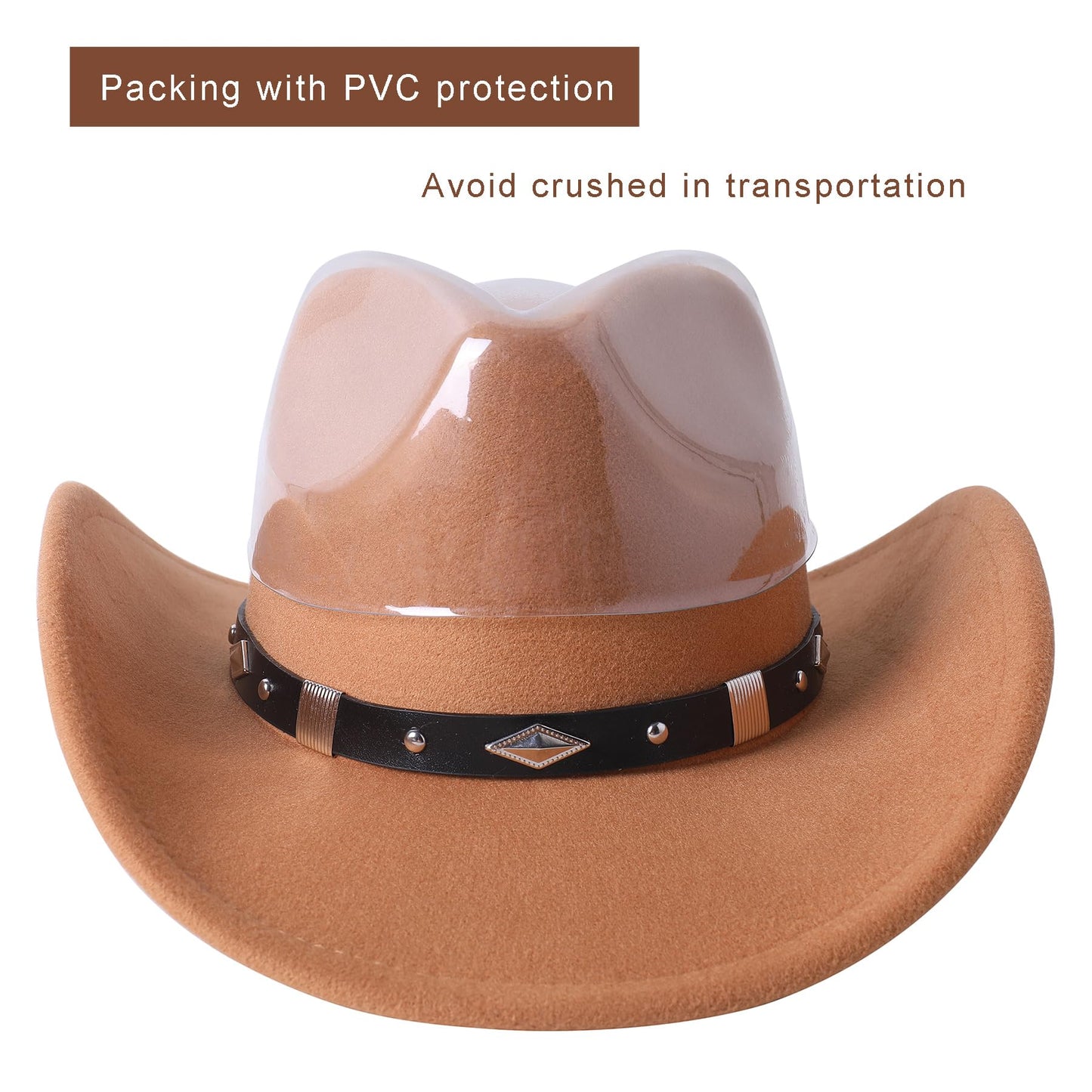 Lanzom Women Men Classic Felt Wide Brim Western Cowboy Cowgirl Hat with Belt Buckle(Medium-Large,Black)