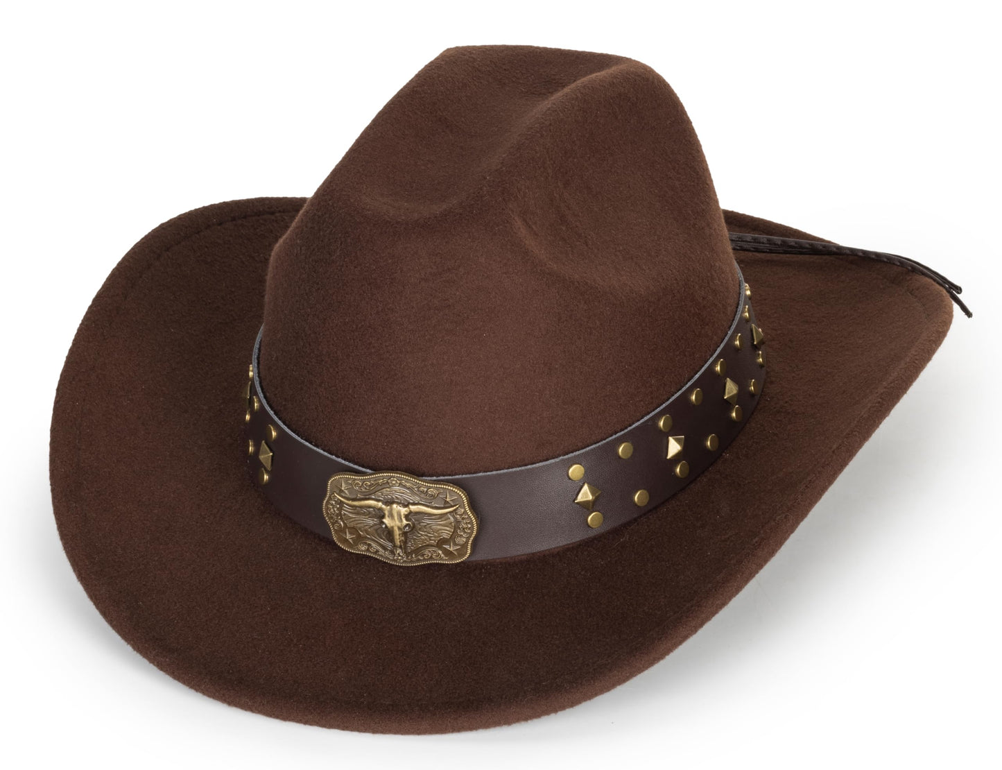 Womens Western Cowboy Hats Studded Pinched Western Cowgirl Hats Wide Brim Fedoras Hat with Belt Buckle (Size:Medium) Brown