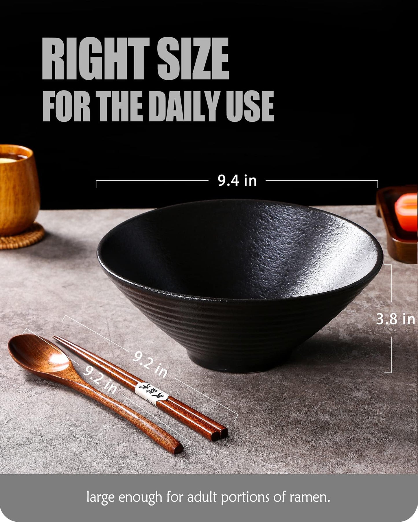 Lareina Ceramic Japanese Ramen Bowls, 2 Sets (6 Piece) 60 Ounce, Large Noodle Soup Bowl with Matching Chopsticks and Spoons for Asian Pho Udon Soba, Matting Black