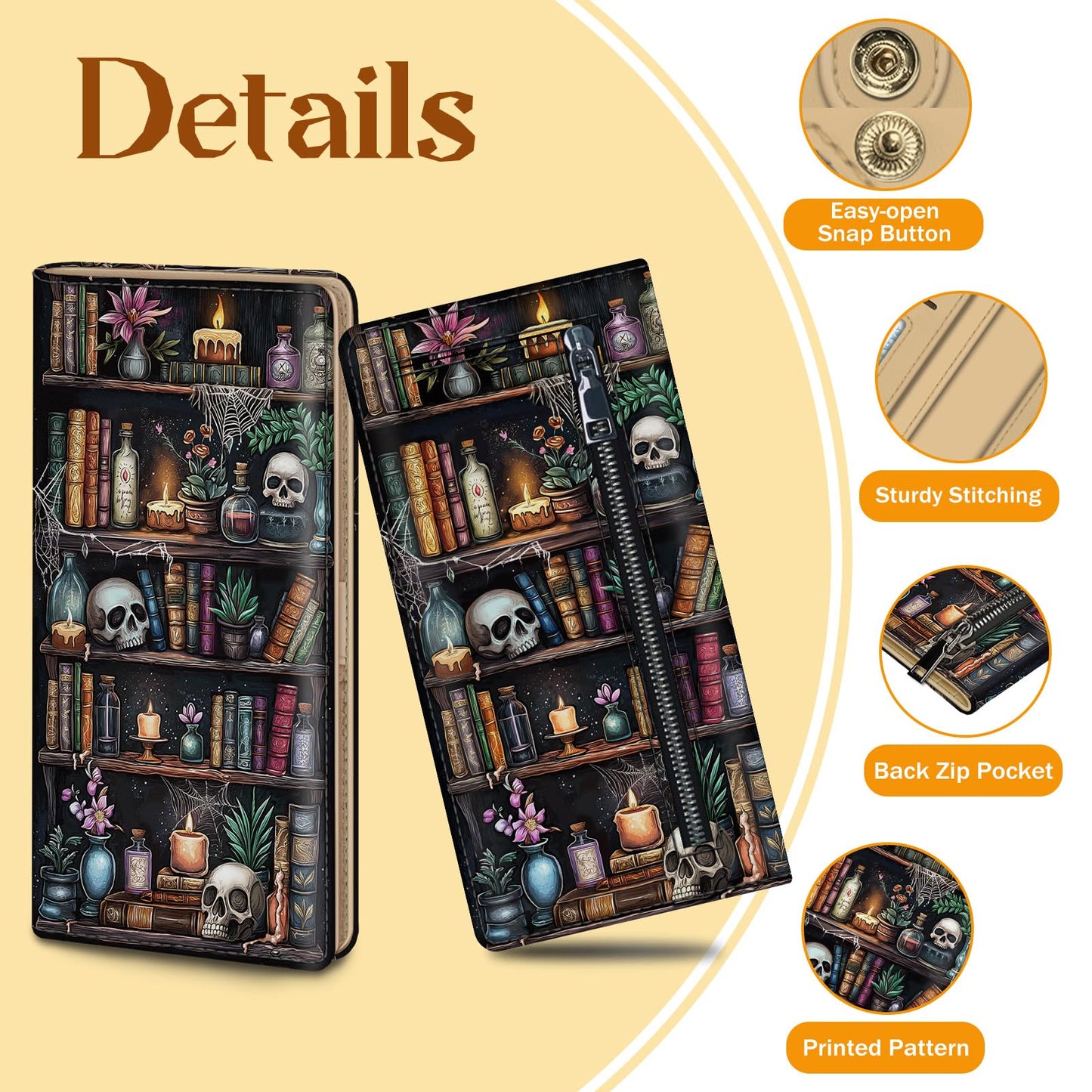 Immaturus Womens Wallet, Goth Skull Bookshelf Slim Thin RFID Blocking Credit Card Wallets, Long Bifold PU Leather Card Holder Organizer, Cash Clutch Billfold with Zipper Coin Pocket Ladies Girls Gift