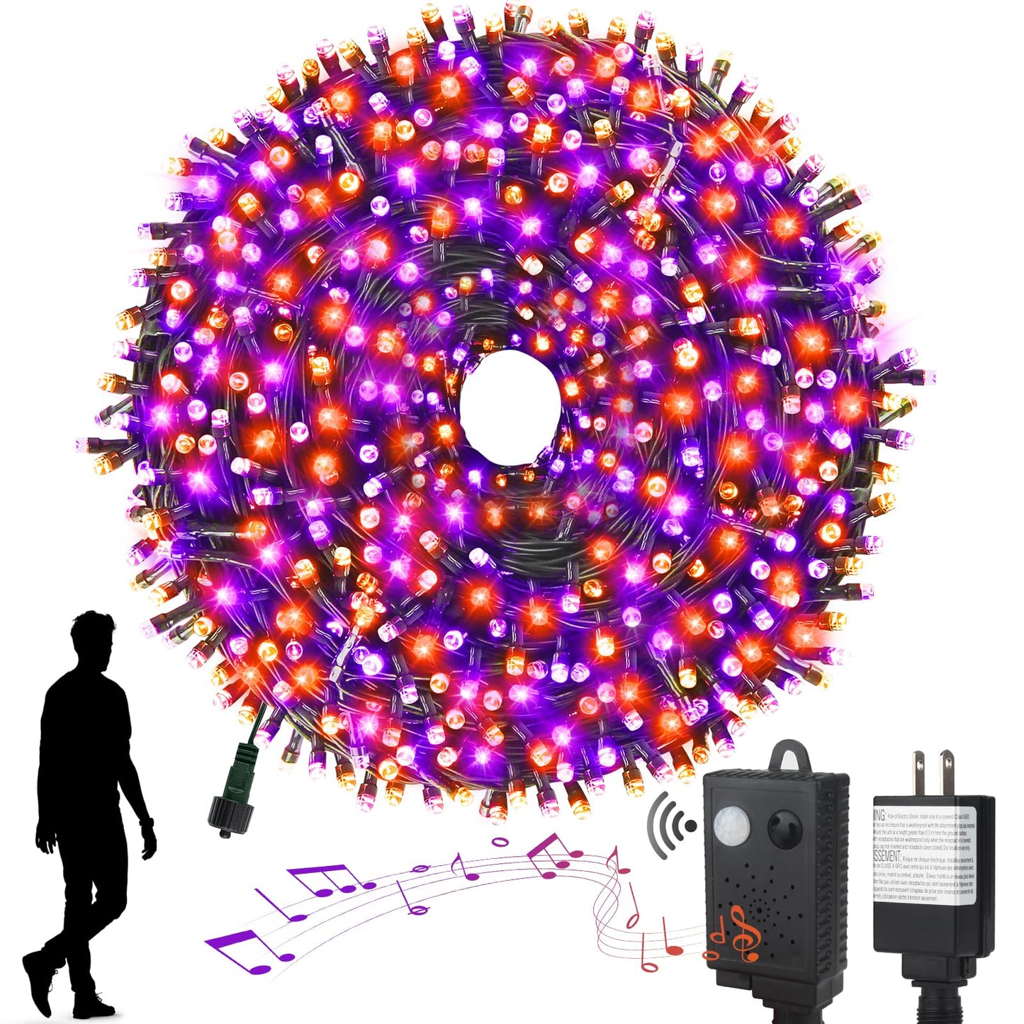 XTF2015 Halloween Lights, 105FT 300 LED Halloween String Lights with Spooky Music Motion Sensor Controller Twinkle Waterproof Purple Orange Light Plug in for Indoor Outdoor Tree Party Yard Room Decor