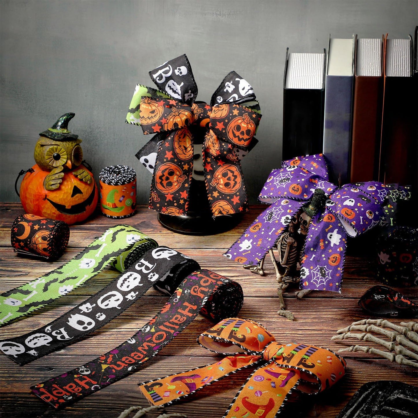Yuxung 6 Rolls 30 Yards Halloween Wired Edge Ribbon for Wreaths Bat Spider Web Pumpkin Print Grosgrain Ribbon Ghost Witch Hat and Leg Ribbon Halloween Party Decorative Ribbon Supplies