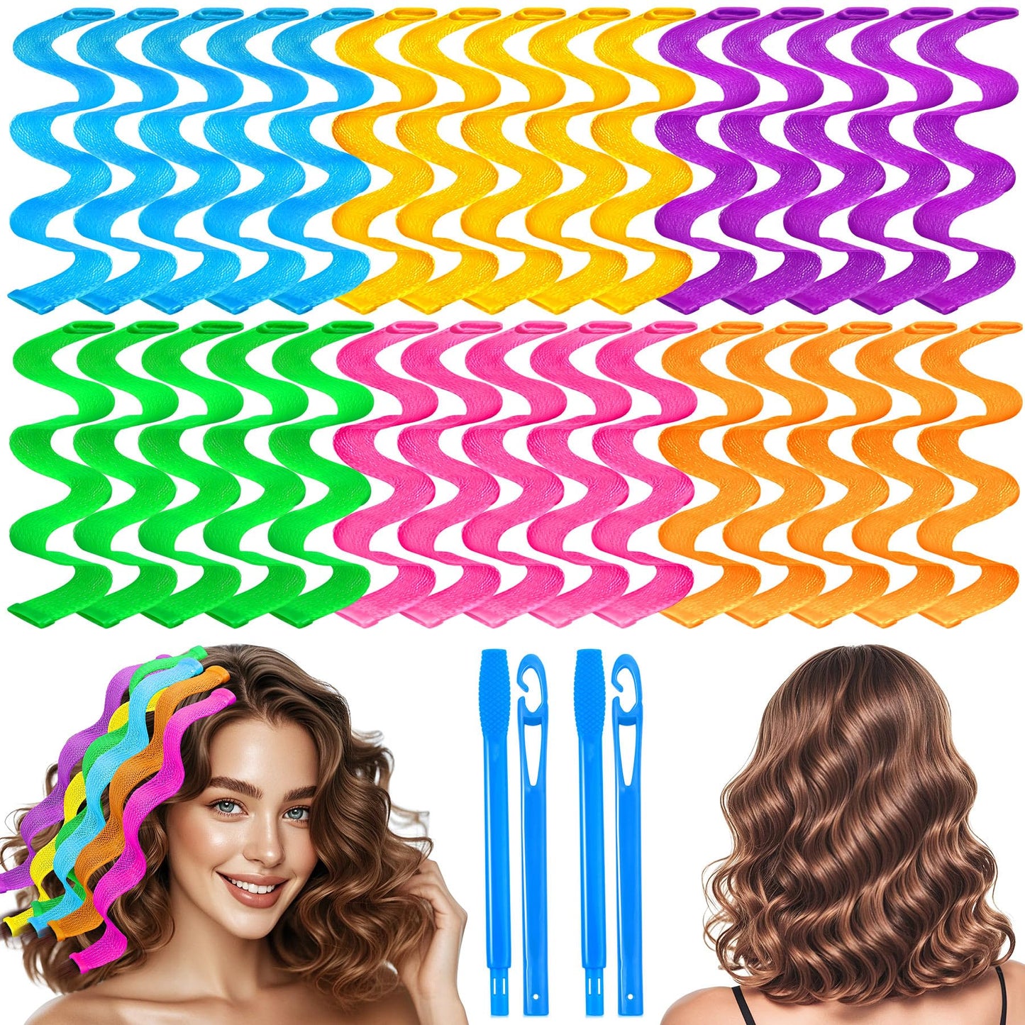 YEVYO 30 Pcs Heatless Hair Curlers Wave Curls Styling Kit with 2 Pcs Styling Hooks, No Heat Hair Curlers Heatless Wave Curlers for Women Girls Long Medium Short Hair (6 Colors, 30 cm/11.81 inch)