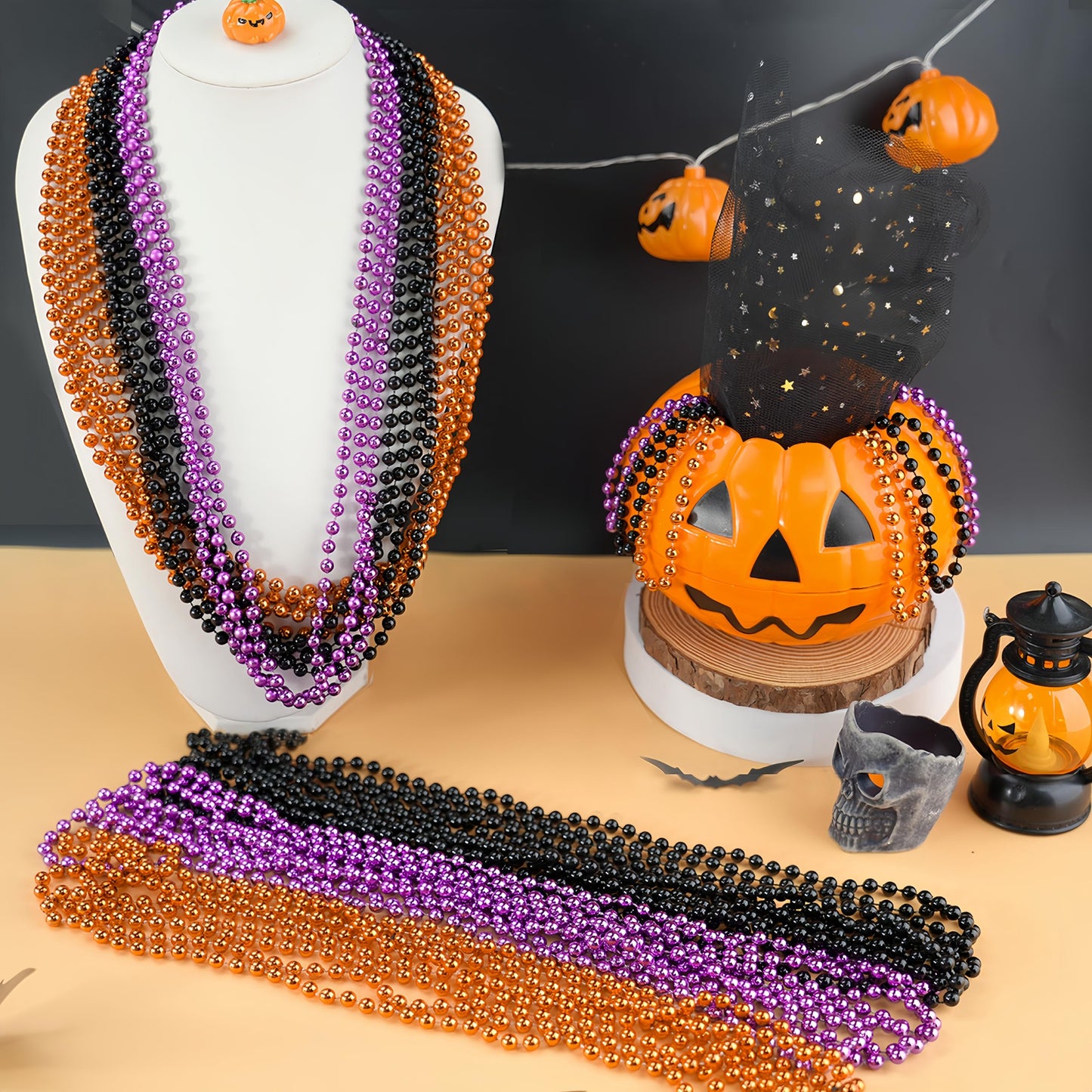 ZZYFGH 12 PCS 33'' 7mm Halloween Bead Necklace, Halloween Purple Black Orange Bead Necklaces for Halloween Parade Throws Halloween Trick or Treat Decorations