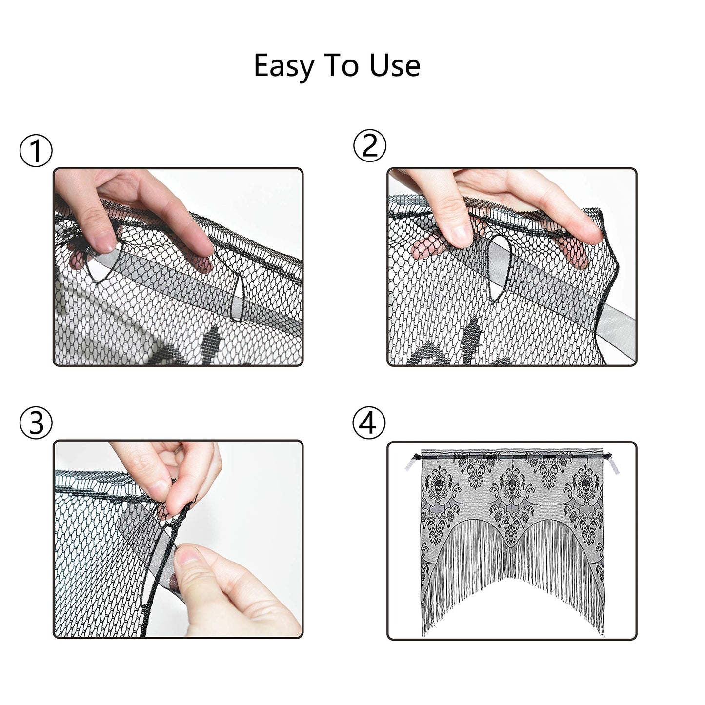 ZeeDix 2 Pcs Halloween Lace Skull Window Curtain- Black Tassel Door Curtain for Halloween Home Party Decorations, Party Supplies