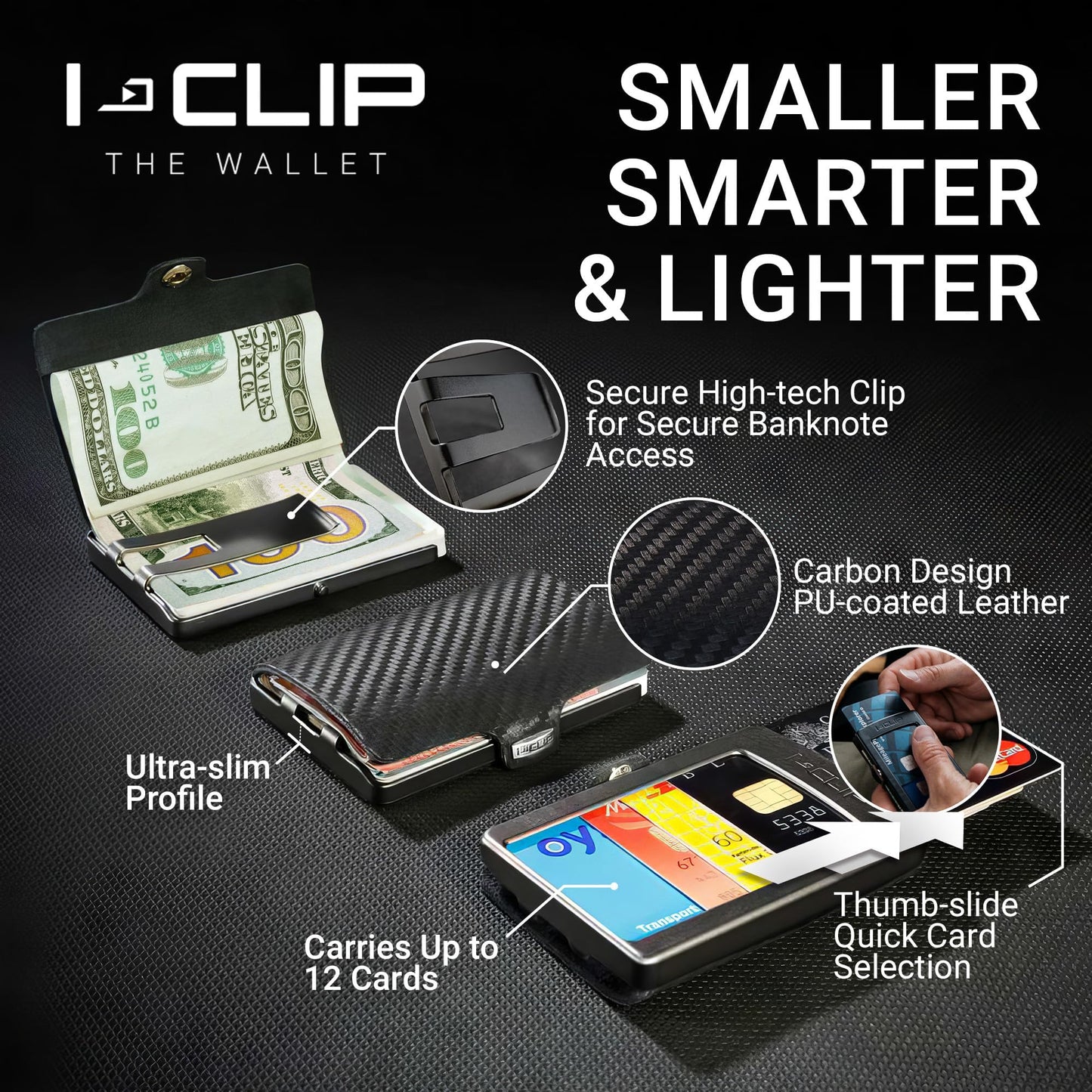 I-CLIP, Premium Men's Leather Wallet, Versatile Changeable Money clip, Secure Card Holder, Compact Men's Wallet Minimalist, Sleek Slim Design, Perfect Money Clip Wallet for Men - Gunmetal Black Carbon