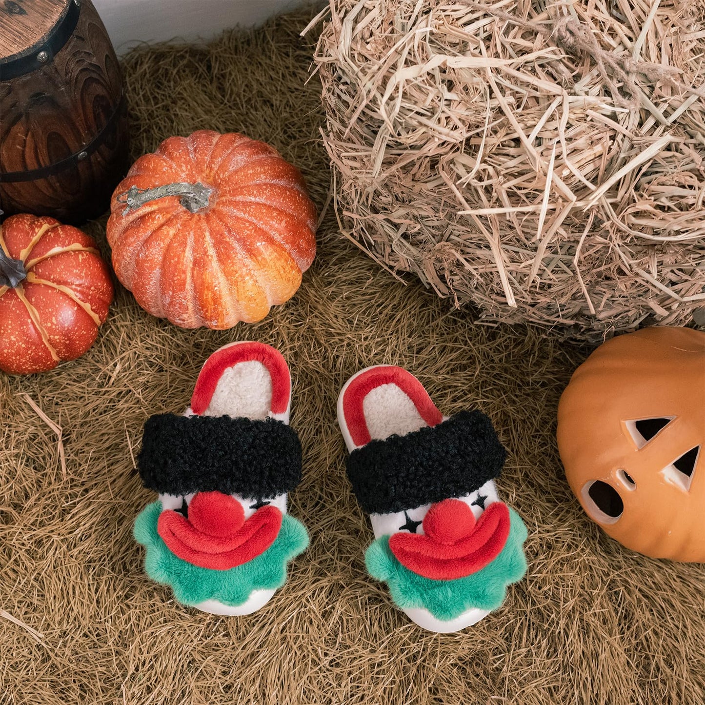 XIXITIAO Halloween Christmas Slippers, Cozy Memory Foam Fuzzy Slipper for Women Men, Comfy Womens House Slippers, Warm Winter Funny Clown House Bedroom Shoes for Woman Indoor, Size 9(Red)
