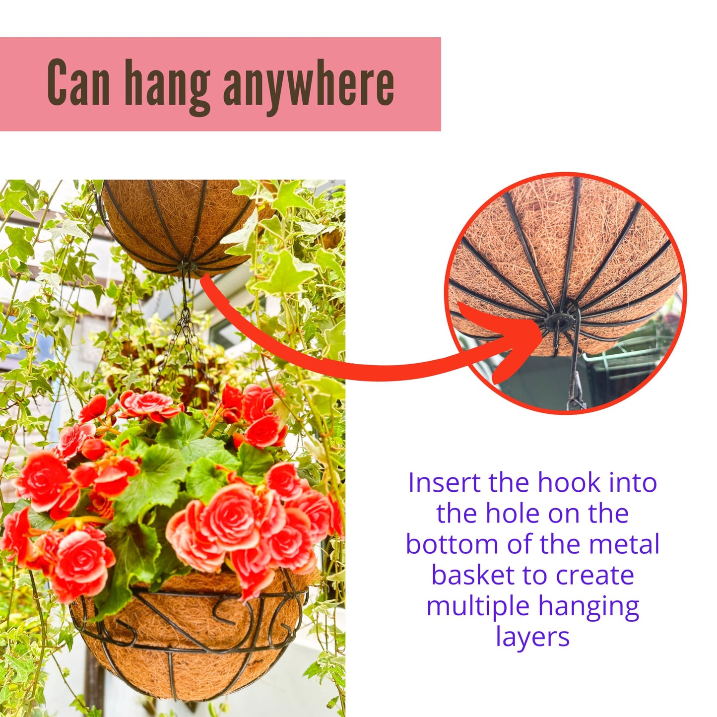 LaLaGreen Hanging Planter for Outdoor Plants (12 Inch, 2 Pack) Hanging Baskets with Coco Liner, Black Metal Wire Flower Basket Pots with Hook Hanger Balcony Porch Farmhouse Country Style Garden Decor