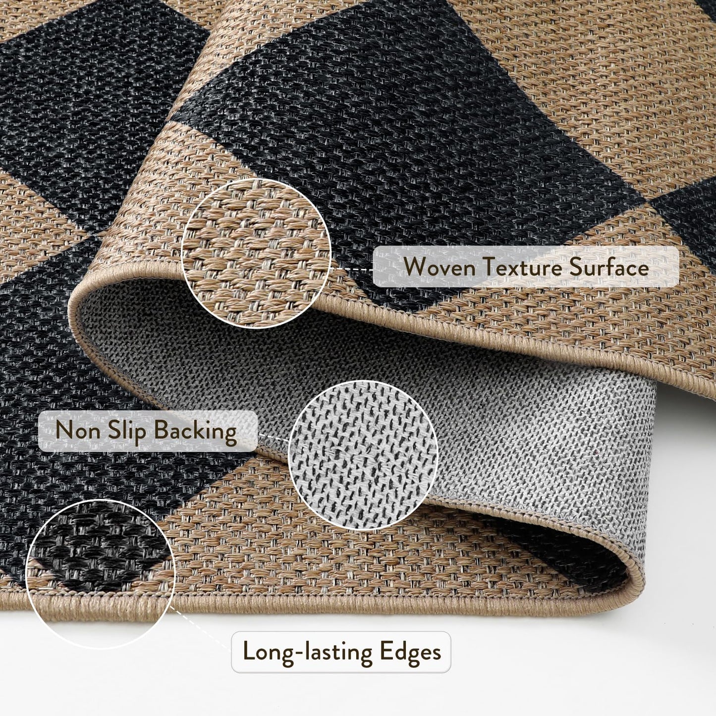 Lahome Checkered Easy Jute 3x5 Outdoor Patio Rug, Washable Rugs for Entryway Diamond Indoor Outdoor Living Room Carpet, Farmhouse Neutral Non Slip Black Door Carpet for Backyard Bedroom