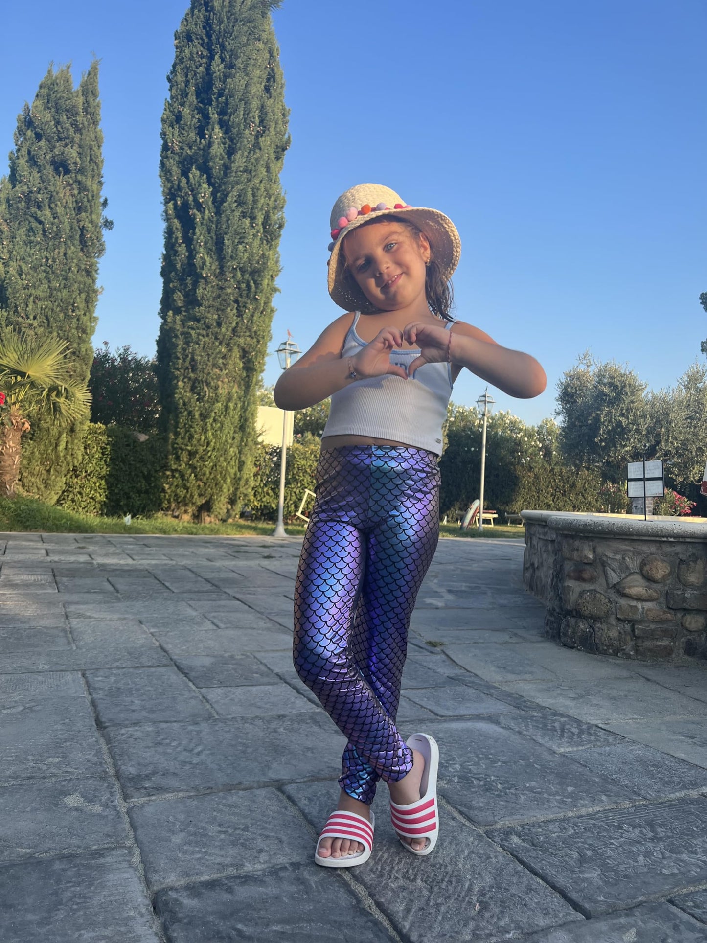 YgneeDom Kids Girls Mermaid Leggings Shiny Metallic Scale Pants for Halloween Dance Party(NK5417-Mermaid-Purple-S-V2)