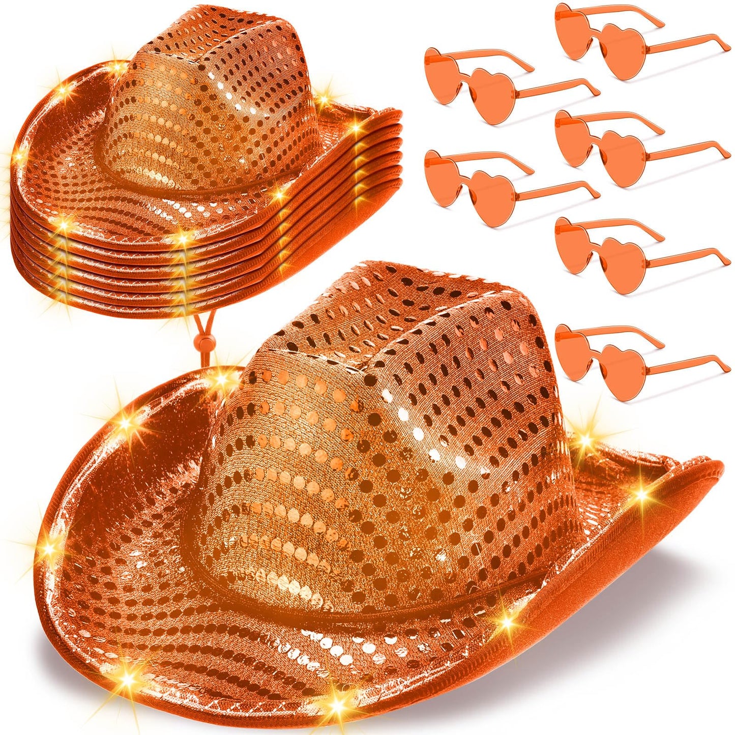Zhanmai 6 Set LED Cowboy Hat Light Up Glitter Cowboy Hat with Sunglasses Sequin Space Cowgirl Hat for Women Men Costume (Orange)