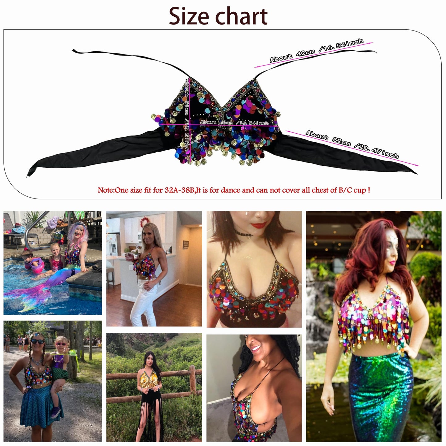 Wuchieal Sequin Halter Bra Top Salsa Belly Dance Boho Festival Clubbing Tribal Bra BH Top (One Size, Black with Colorful Beads)