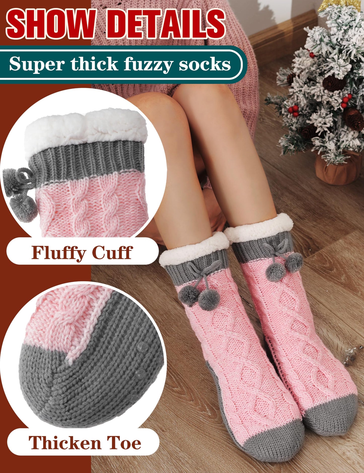 Womens Slipper Fuzzy Socks Fluffy Winter Thermal Warm Thick Cozy Plush Non Slip Grips Christmas Socks Stocking Stuffers for Women White Elephant Valentines Mothers Day Gifts for Mom(Grey Pink)