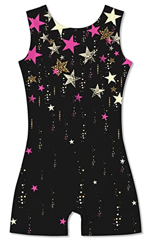 Idgreatim 5t 6t Girls Star Gymnastic Leotard Sparkly Black Starry Biketards Unitard with Short Ballet Dance Dress Athletic Activewear Outfits 5-6T