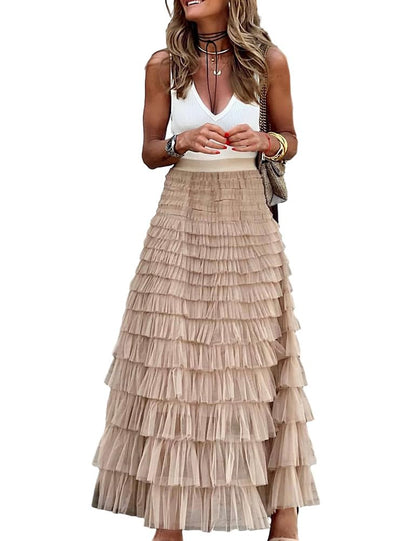 Long Tulle Skirt for Women Trendy High Waisted A Line Fluffy Fairy Mesh Layered Ruffle Skirt(Khaki, L)