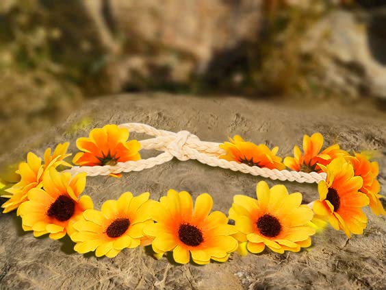 WOVOWOVO 2 Packs Sunflower Crown Headbands For Women Girls, Floral Daisy Hippie Hair Accessories Fall Flower Crown Adjustable Handmade Headpiece Photo Props Party Vacation (Yellow)