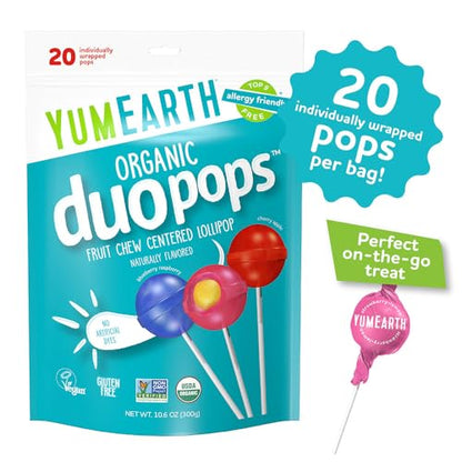 YumEarth Organic Duo Pops, Lollipops with Fruit Chew Centers - Allergy Friendly (Top 9 Free), No Artificial Dyes or Flavors, Non GMO, Gluten Free, Vegan Candy Snacks - 20 Individually Wrapped Pops