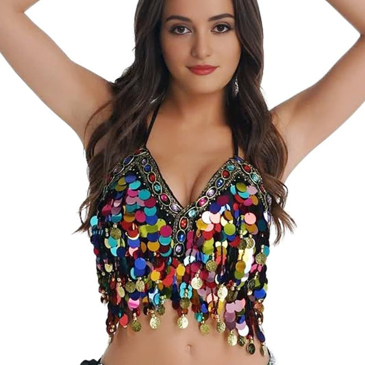 Wuchieal Sequin Halter Bra Top Salsa Belly Dance Boho Festival Clubbing Tribal Bra BH Top (One Size, Black with Colorful Beads)