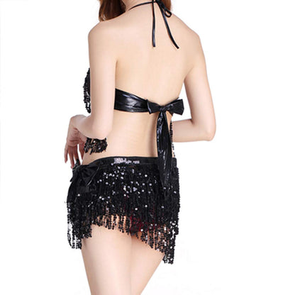 Wuchieal Women's Belly Dance Costume Sequin Bra Tassel Top with Chest Party Club Wear Bra Top (Navy Blue)