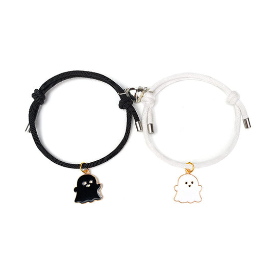 2Pcs Magnetic Love Heart Couple Matching Bracelet Set Adjustable Braide Rope Halloween Mummy Ghost Pumpkin Hat Wizard Bracelet for Women Men Lover Friend Friendship Jewelry-B ghost