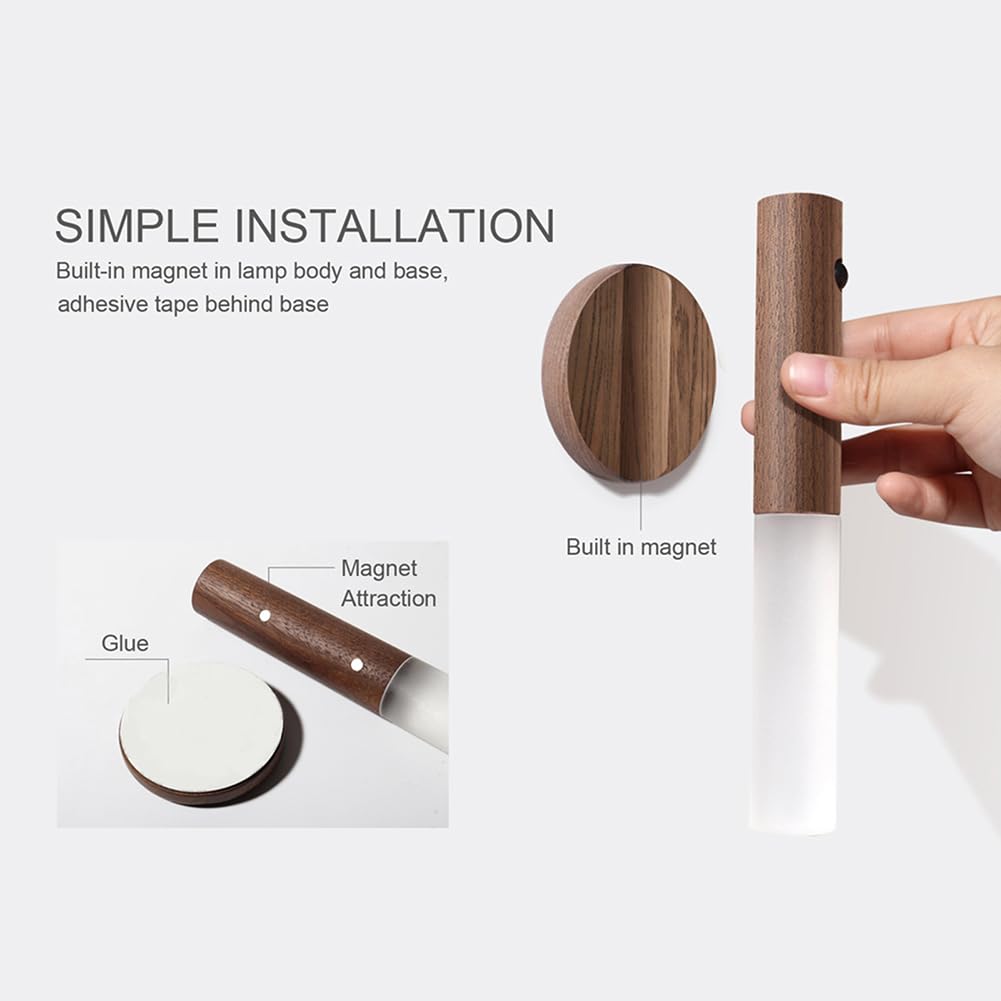 LANDGOO Wooden Motion Sensor Lights Indoor, Magnet Body Hallway Rechargeable LED Wireless Battery Operated Wall Sconce, Portable Decor Torch Night Lighting for Bedroom (Walnut Wood 2PCS)