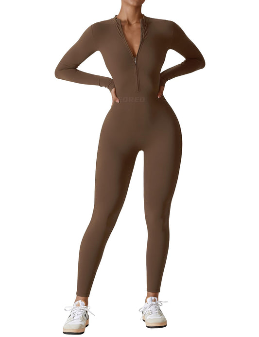 YEOREO Women Long Sleeve Workout Jumpsuit Zip Up Romper Bottom Pants Bodysuit Bodycon Sexy One Piece Coffee M