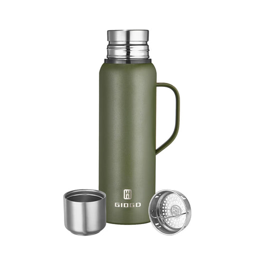 Insulated Vacuum Thermo Bottle 750ml/25.4oz with Cup Stainless Steel Coffee Bottles for Hot and Cold Drink Water Flask.(Green, with Handle, 750ml)