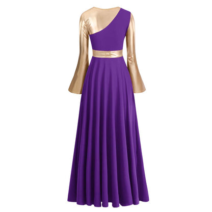 IBAKOM Women Adult Metallic Gold Color Block Long Sleeve Praise Dance Worship Robe Dress Loose Fit Full Length Liturgical Tunic Circle Skirt Lyrical Dancewear Swing Gowns Ballet Costume Purple-Gold L