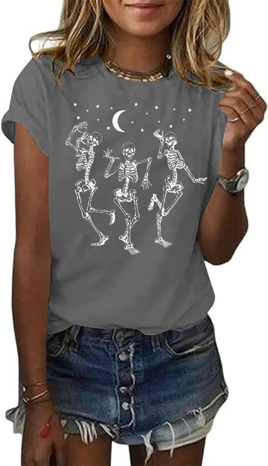 Womens Halloween Skeletons Dancing Shirt Horror Night Short Sleeve Tee Spooky Season Fall Tops(XL,Grey02)