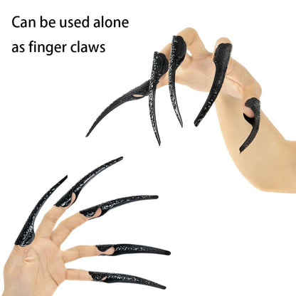 Xiao Cheng Ming Zhu Long Finger Claw Gloves Black paw gloves, scary vampire witch demon crow Halloween Cat nail rings Cosplay costume accessories For women costume (gloves & 10pcs claws)