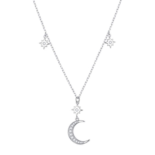 Ladytree S925 Sterling Silver Crescent Moon and Star CZ Pendant Necklace Jewelry,Rolo Chain,18 inches to 20 inches