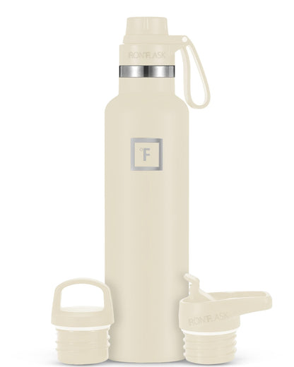 IRON °FLASK Camping & Hiking Hydration Canteens - 3 Lids (Narrow Spout Lid) Leak Proof Vacuum Insulated Stainless Steel - Hot & Cold Double Walled Sports Water Bottle - Cashmere Cream, 24 Oz