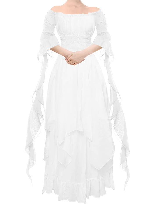 YEAXLUD Women's Victorian Dress Puff Sleeve Off Shoulder Ruffle Plus Size Medieval Costume for Women Renaissance Dress (White, XX-Large)