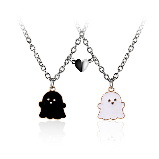 2Pcs Lovely Magnetic Love Heart Ghost Pendant Necklace Set for Women Men Friend Enamel Mutual Attract Magnet Couple Matching Necklace Halloween Jewelry Birthday Gift-A black white