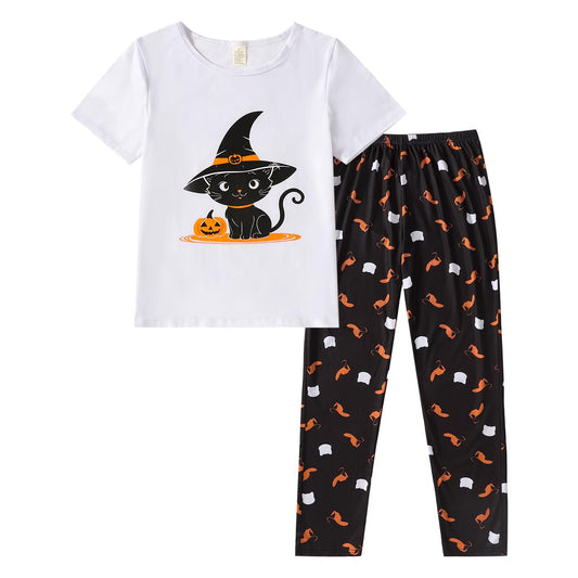 YIJIU Womens Halloween Pajamas Set Short Sleeve Sleepwear Tops with Long Pants Pjs Set Pumpkin Print Loungewear,Halloween White,3XL