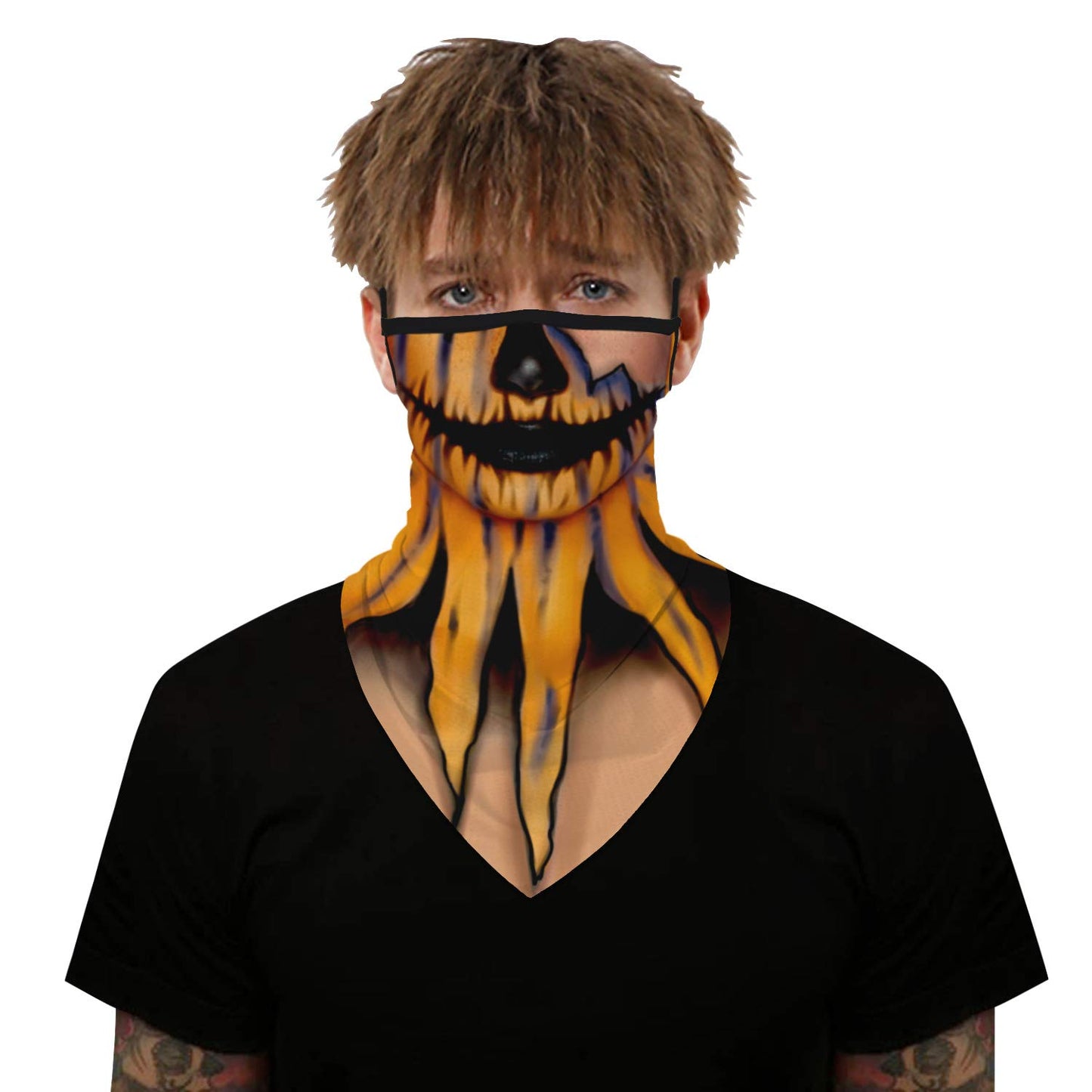 YAYOUREL Halloween Scary Mask Halloween Masks for Adults Skull Pumpkin Skeleton Neck Gaiter Face Mask Covering Ear Loop Hole Triangle Bandanas for Men Women UV Face Scarf Mask Cover Black Yellow
