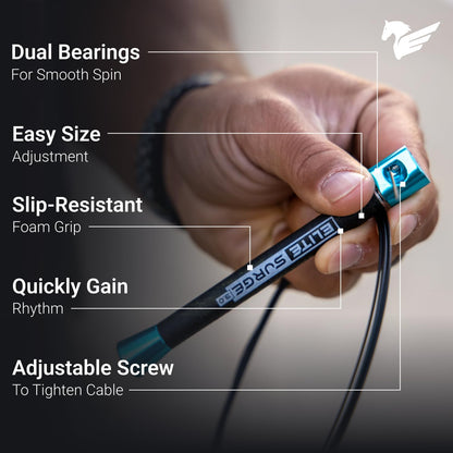 Elite Jumps Surge 3.0 Professional Speed Rope for Double Unders - Patented Dual Bearing Ultra Light-Weight Handle for Premium Spin Control and Kink-Resistant Cable for the Ultimate Speed Jump Rope