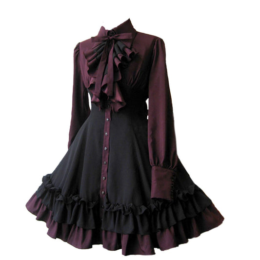 ZZEQYG Women Girls Gothic Lolita Victorian Dress Polyester Ruffle Dress with Bows (S, Black)
