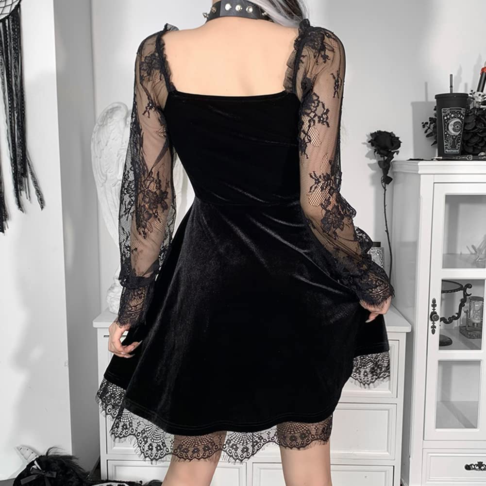 IKADEX Gothic Lolita Dress for Women Black Lace Dress Velvet Mini Dresses Goth Clothes for Teen Girls #A: Black M
