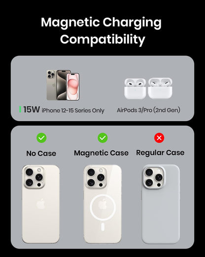INIU Wireless Charger, 15W Fast Charging Magnetic Wireless Charger Stand, Travel Essential Wireless Charging Station with Sleep-Friendly Adaptive Light, for iPhone 16/15/14/13/12 Series, Airpods