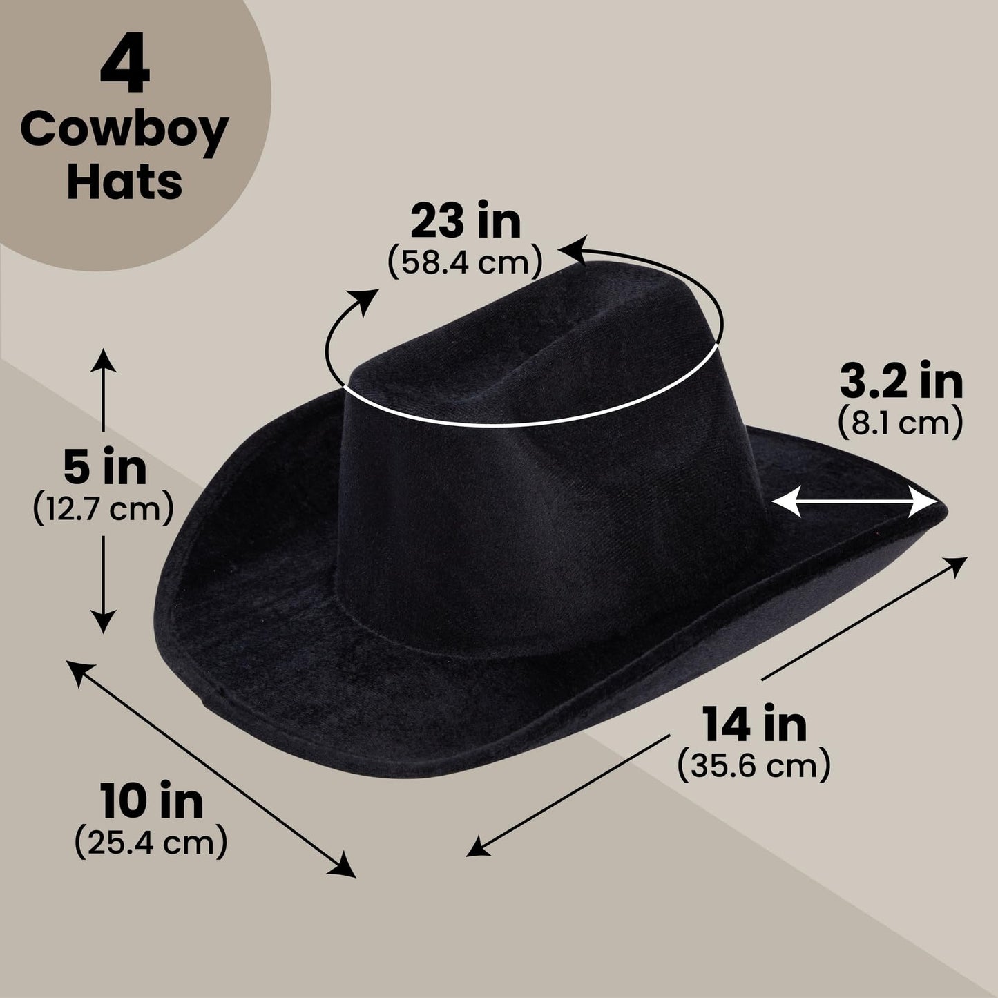 Zodaca 4-Piece Black Cowboy Hats - Adjustable Adult Size Velvet Felt - Costume & Party Favors for Men & Women - Birthday Cowboy Hat