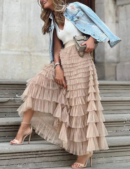 Long Tulle Skirt for Women Trendy High Waisted A Line Fluffy Fairy Mesh Layered Ruffle Skirt(Khaki, L)