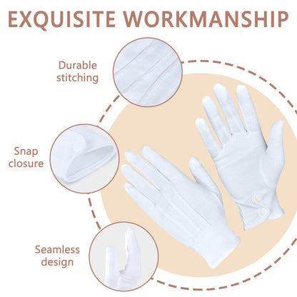 Zenssia Parade Formal White Cotton Tuxedo Costume Gloves with Snap Cuff, Silver Coin Jewelry Inspection Gloves 1 Pair