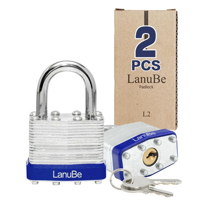 LanuBe Lock Laminated keyed Padlock (1-9/16", 40mm), keyed Alike Locks, Normal Shackle, Marked Blue Plastic Hoop, Pack of 2