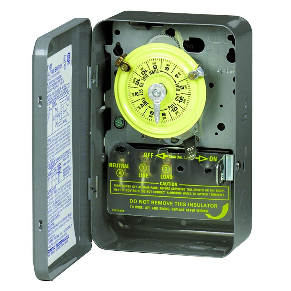Intermatic T103 24-Hour Mechanical Timer Switch - 120V DPST, Indoor Metal Enclosure, Heavy-Duty Programmable Time Switch - 40A Load Control for Pumps, Lighting, HVAC, and Fans