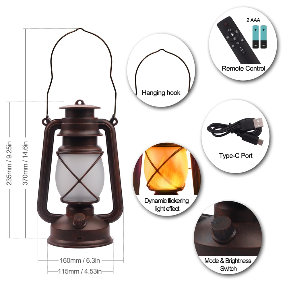 Lantern LED Battery Powered Camping Lamp Outdoor Hanging Lantern Flickering Flame Rechargeable Retro Lanterns Remote Control 4 Modes Light Non-Solar 2 Pack