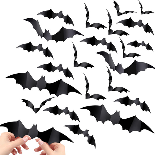 Yighaw 60PCS Bat Decor, Halloween Room Decor, 4 Different Sizes Realistic Waterproof PVC Black 3D Scary Bat Sticker for Home Decor Wall Decal Indoor Hallowmas Party Supplies, Black.