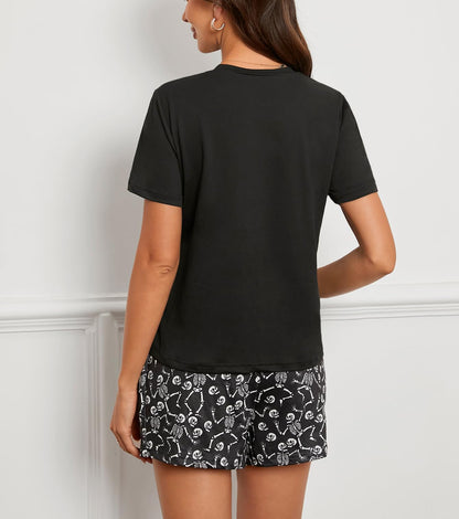 Laqeyko Halloween Pjs Women Skeleton Pajamas Sets Short Sleeve Crop Tee Shirt Top And Shorts Two Pieces Sleepwear Sets M