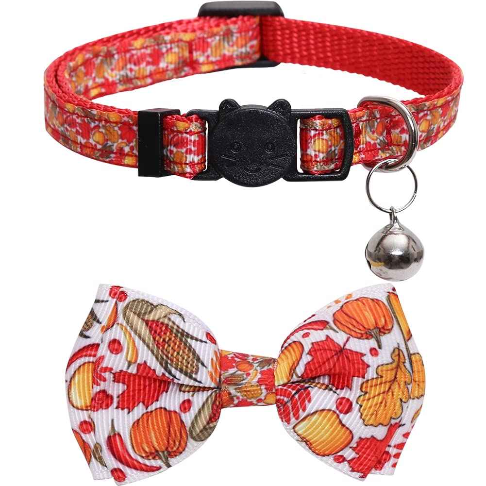 Lamphyface Thanksgiving Cat Collar Fall Autumn Breakaway with Bow Tie and Bell for Kitty Adjustable Safety